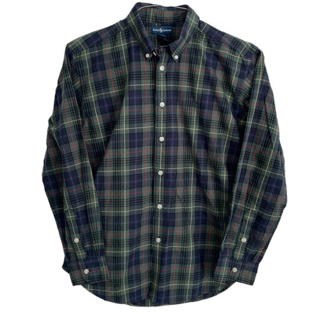 Ralph Lauren Vintage boys Large (16/18) forest green & navy blue plaid shirt.
